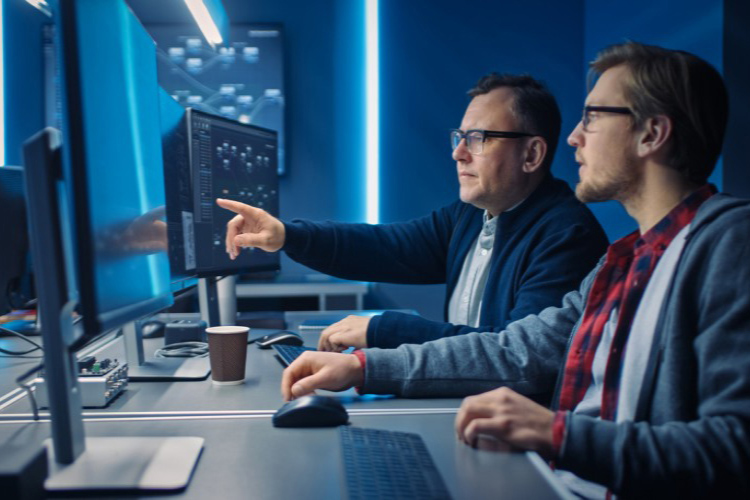 A blockchain consultant confers with a colleague in front of a computer monitor display showing blockchain data network architecture.