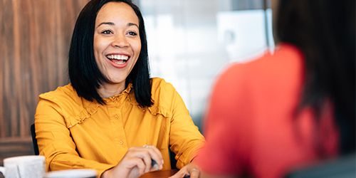 Woman communicate with client interview.