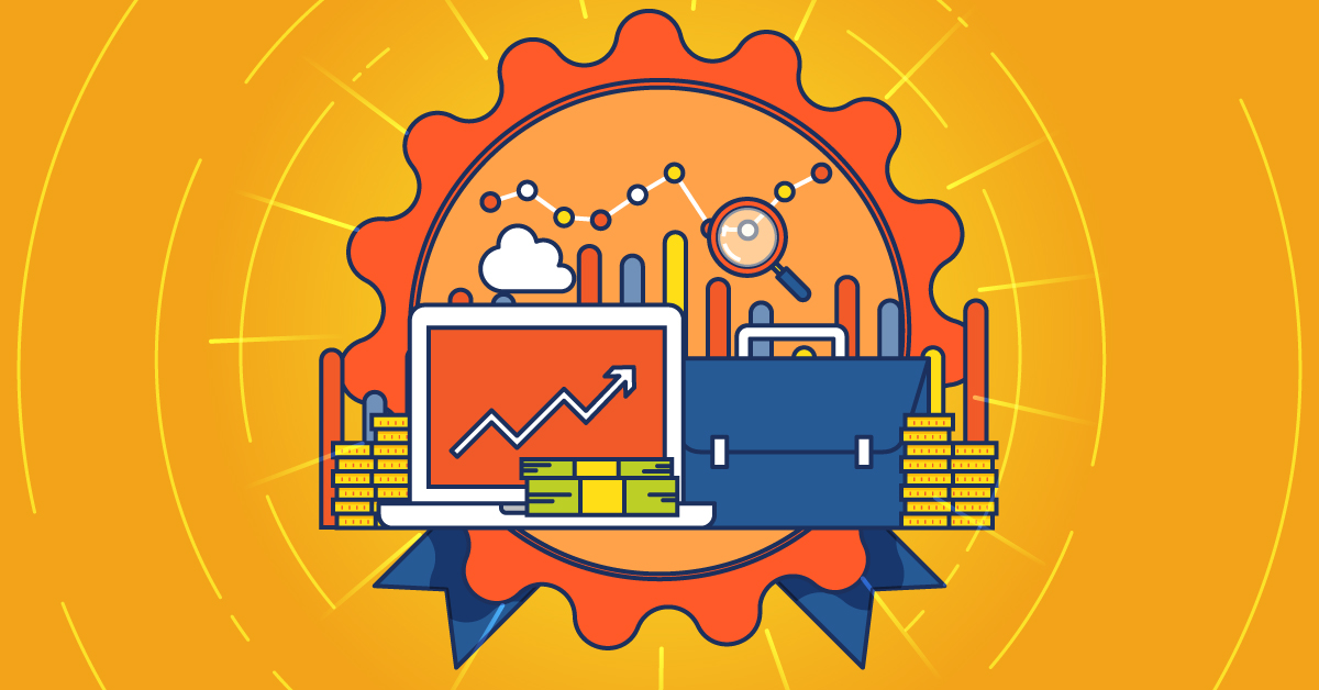 An illustration of a laptop computer surrounded by a magnifying glass, an up arrow, money, and other icons representing data analysis and business success.