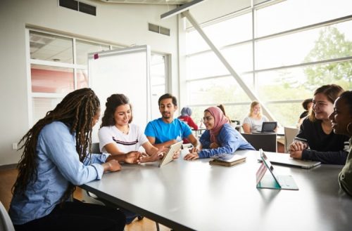 Students in a university classroom.