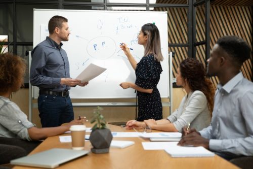 Employees participate in a whiteboard exercise during a work group training session.